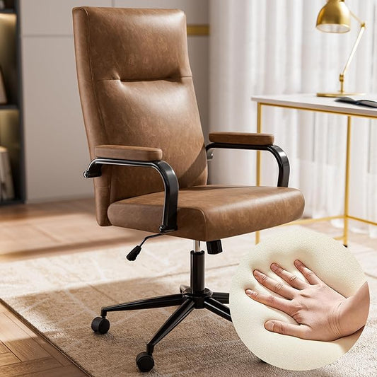 Brown Leather Office Chair with Wheels, Memory Foam Height Adjustable Computer Deak Chair, Rolling Swivel Executive Chair for Home Office