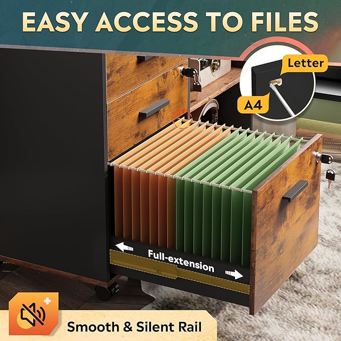 DEVAISE 3-Drawer Wood File Cabinet with Lock, Mobile Lateral Filing Cabinet, Printer Stand with Open Storage Shelves for Home Office, Rustic Brown