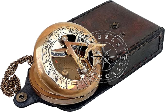 Brass Sundial Compass with Leather Case and Chain - Push Open Compass - Steampunk Accessory - Beautiful Handmade Gift - Nautical Sun Clock