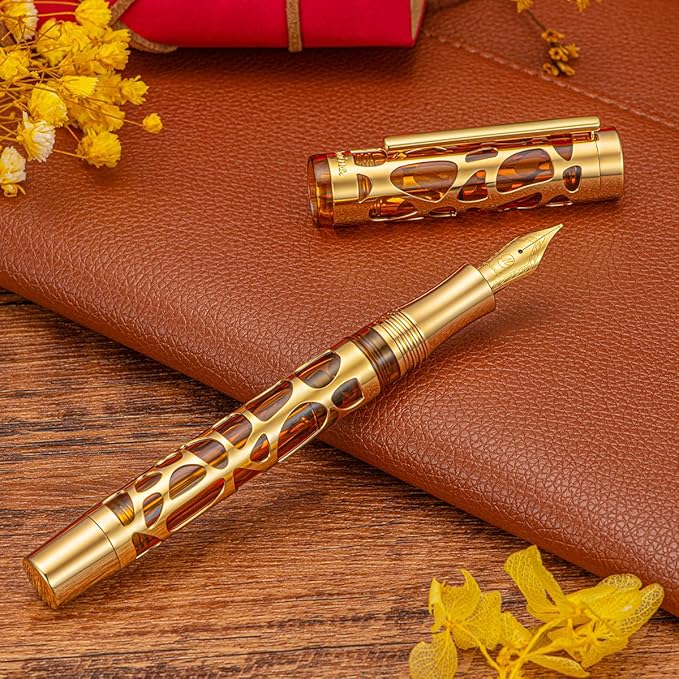 Asvine V169 Vacuum Filling Fountain Pen Extra Fine Nib, Water Drop Skeleton Gold Trim Transparent Coffee Acrylic Pen Case Set