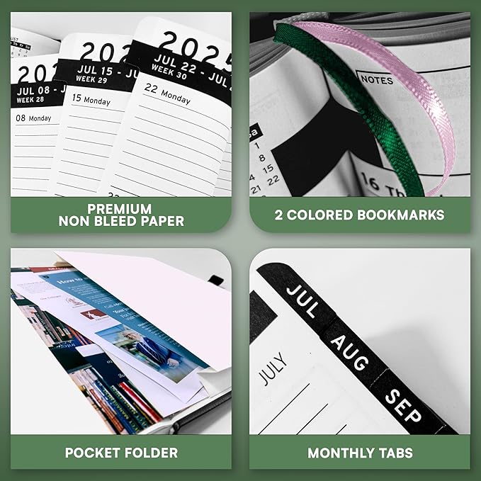 Ensight 2025-2026 HARDCOVER Leather Planner Weekly & Monthly - 6.5x8.5 Inches - Academic Planner Business Personal or Student - Pen Holder, Thick Paper, July 2025 - June 2026 (Green)