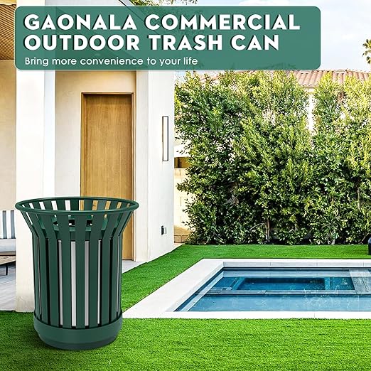 27.6IN Round Large Outdoor Trash Can, Heavy Duty Metal Slatted Garbage Can Outdoor, All Weather Resistant Commercial Garbage Cans, Waste Receptacle in Park, School, Beach, Patio, Green