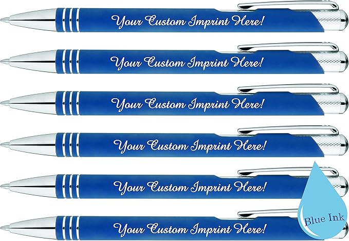 ExpressDesigns™ - Blue Ink Personalized Pens Rubberized - The Cameron - Custom Printed Name Pens - Imprinted with Logo or Message - Includes Personalization - 6 Pack (Blue)