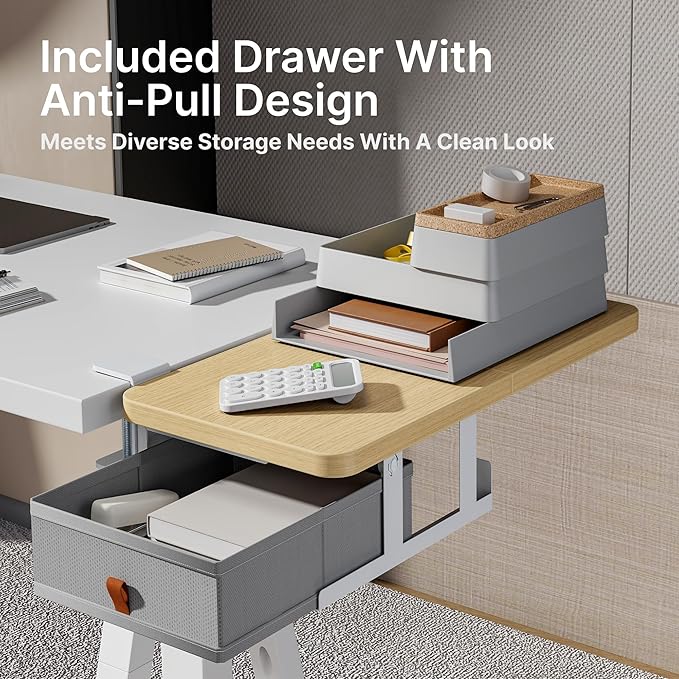 Desk Extender Tray, 24" x 12" Clamp On Desk Shelf, Desk Extension with Storage Drawer, Table Desk Arm Rest, Clamp On Keyboard Tray for Office and Home, Workstation Organizer, Medium, Wood