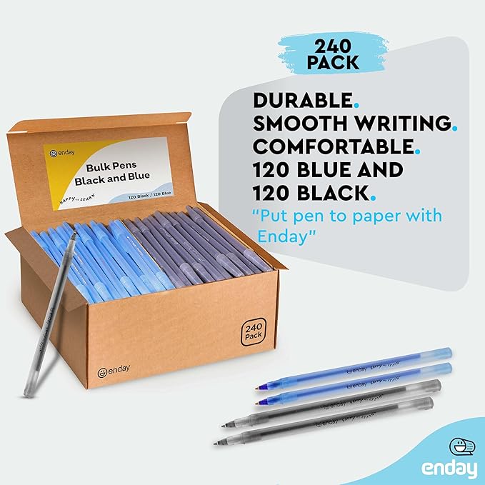 Enday Ballpoint Pens Bulk Blue and Black Pens (240 Pack) 120 Black & 120 Blue - Medium Point (1.0mm) Flexible Round Barrel For Writing Comfort, Pens Bulk for School, Home and Office.