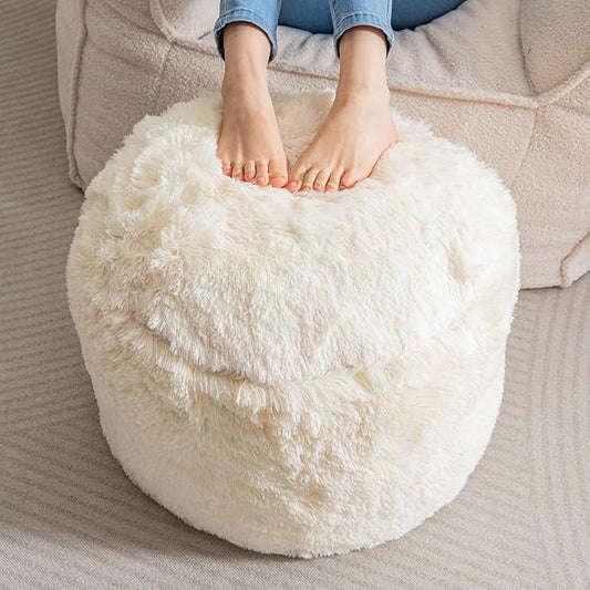 HIGOGOGO Round Stuffed Pouf Ottoman, Long Faux Fur Poufs with Foam Chunk Filling, Fluffy and Furry Pouf Foot Stool Storage Ottoman, 20 X 15 Floor Poufs Foot Rest for Living Room, Beige