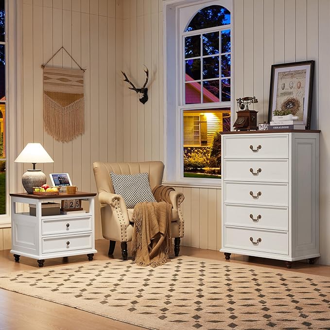 Farmhouse 5 Drawer Dresser Set of 2 for Bedroom, 45" Tall Rustic Chests of Drawers w/ 4 Solid Wood Feet, Mid Century Vintage Wooden Closet Storage Dressers Organizer for Living Room, White