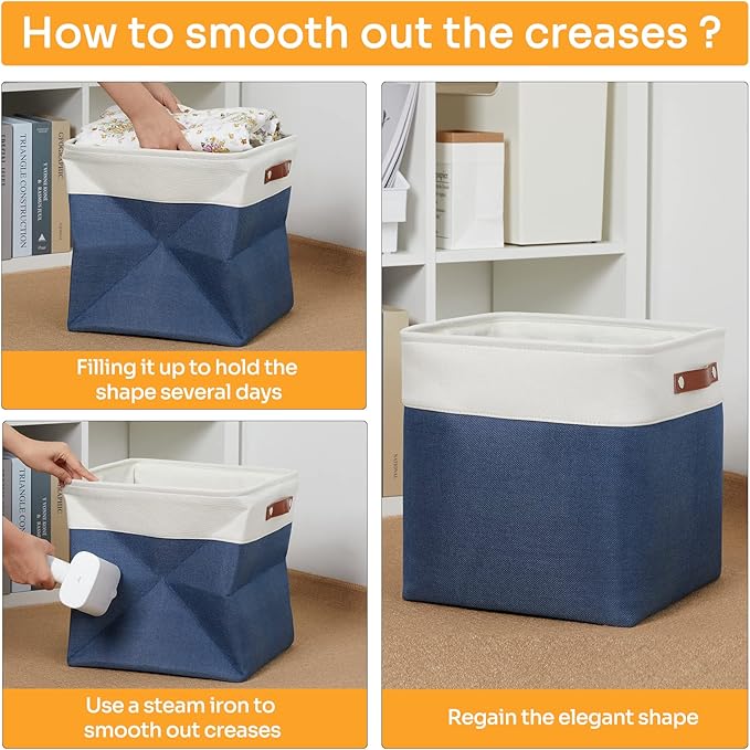 DULLEMELO Storage Baskets for Shelves Closet Storage,Large Home Organization Bins for Gifts Empty,Foldable Fabric Storage Cubes Baskets for Nursery Toy Towels Clothes Storage(White&Blue)