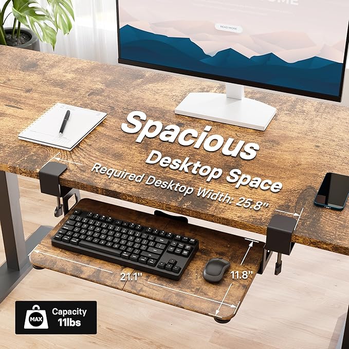 BONTEC KMT01-PJ Under Desk Keyboard Tray, Pull-Out Keyboard & Mouse Platform with C-Clamp, 20 x 11.8 in Space-Saving Ergonomic Slide-Out Drawer, Rustic Brown