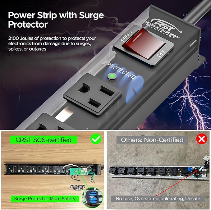 CRST 6 Outlet Heavy Duty Power Strip with Switch, 15A/1875W Metal Mountable Power Strip Surge Protector 2100Joules, Wide Spaced Power Bar for Garage Worshop Home School, 6 FT Cord