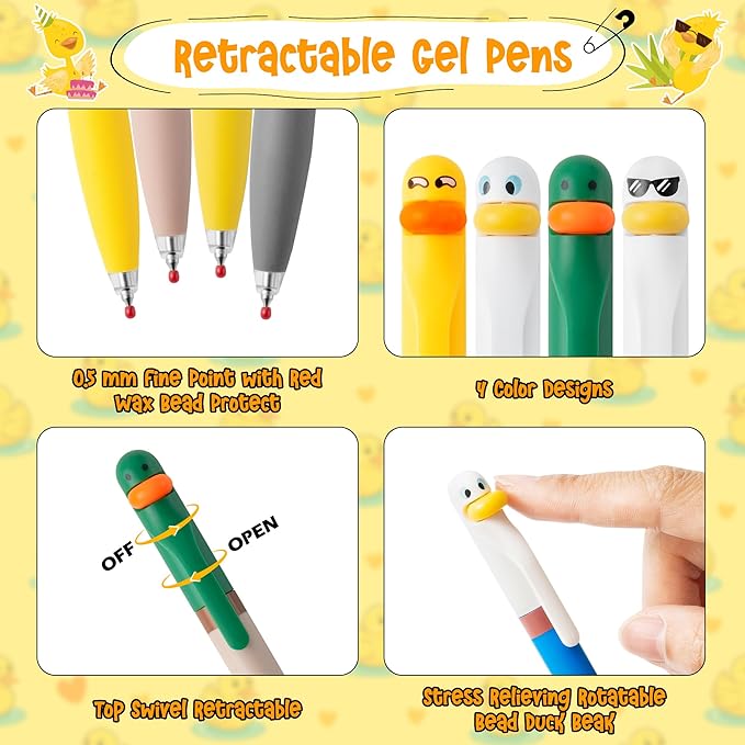 Ducks Gel Ink Pens - 10Pcs Happy Knitted Duck Stress Relief Stationery Set Little Yellow Duck Accessories Lovely Retractable Gel Pens Zipper Organizer Pen Pouch Kids' Birthday Party Favor Gift