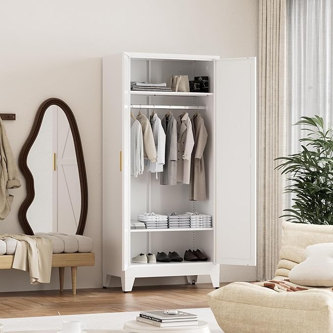 71'' Farmhouse Metal Wardrobe Cabinet with Hanging Rod, 2 Barn Door Wardrobe Closet with 2 Adjustable Shelves,for Dining Room,Bedroom,Living Room, Cloak Room,Office (White)