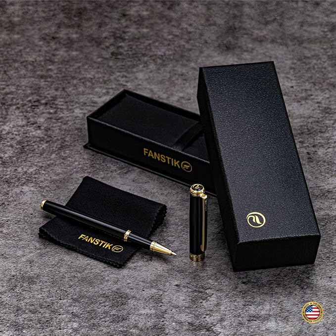 Customized Black & Gold Luxury Rollerball pen (Made In USA) fancy gift set for women, Real 24K Gold Plating, Professional executive pen gift set for men (Lux Custom-Rollerball Black-Gold)