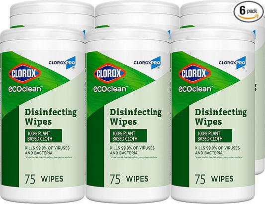 CloroxPro Clorox EcoClean Disinfecting Wipes, Multipurpose 100% Plant Based Cleaning Cloths, Antibacterial Disinfectant, Safe for Multi Surface Use, 75 Count (Pack of 6)