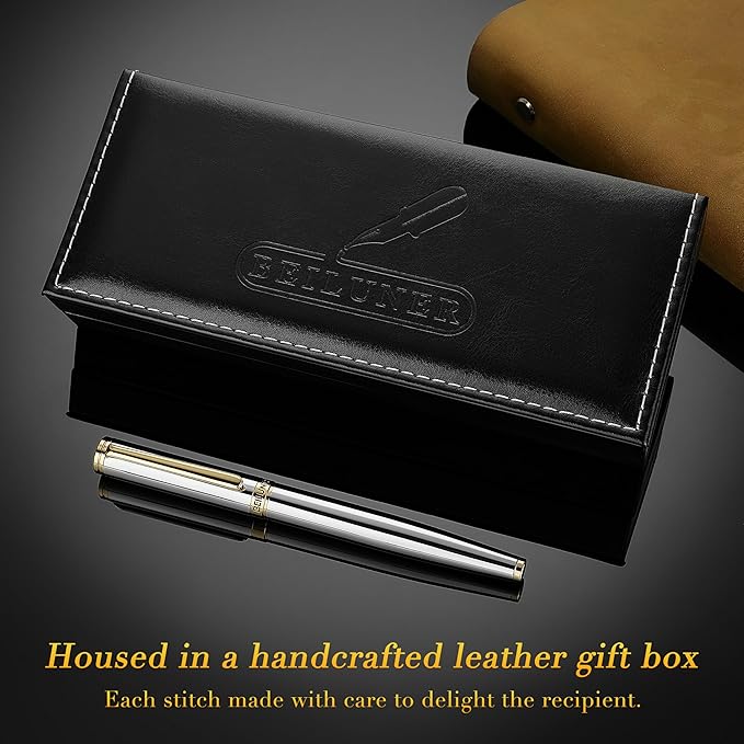 BEILUNER Silver Chrome Fountain Pen,Stunning Luxury Pens with 24K Gold Accents, Gorgeous 24K Gilded Nib(Medium), Ink Converter,Fancy Pen Gift for Men&Women-Elegant, Office, Executive,Nice for Writing