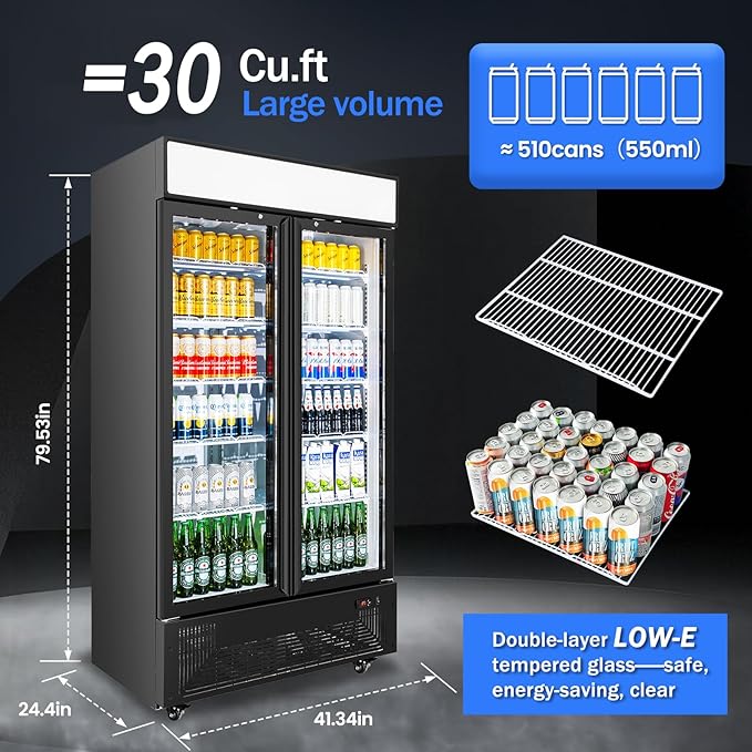 Commercial Merchandiser Display Refrigerator with 2 Glass Doors 30 Cu.ft Beverage Back Bar Cooler Black Drink Fridge for Convenience Stores, Supermarkets,Bars,Offices