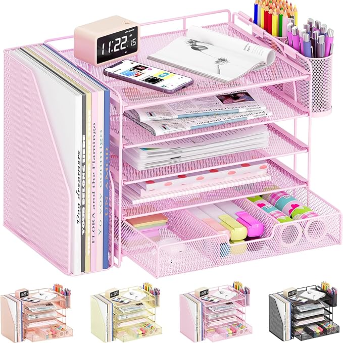 Desk Organizers and Accessories, 5-Tier Paper File Organizer with Drawer & Pen Holder, Office Desk Accessories Workspace Desktop Organizer for Office Supplies((Pink)