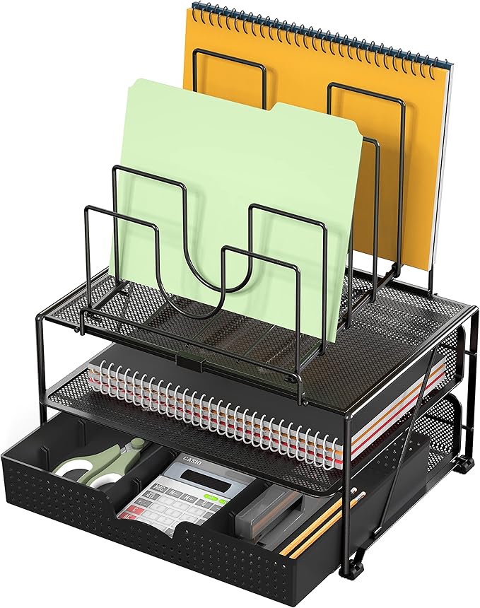 Deco Brothers Desktop File Organizer with Double Tray and 5 Folder Stand, Black