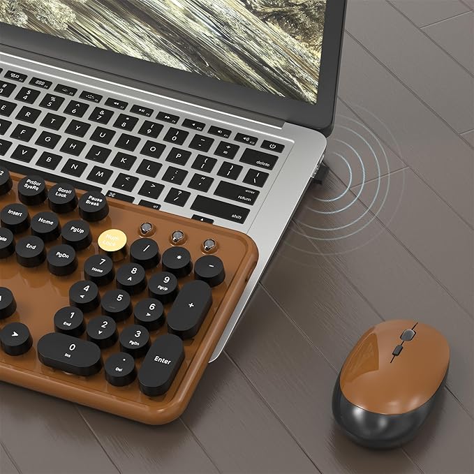 Colorful Wireless Computer Keyboard and Mouse Combo with Round Typewriter Keycaps, Retro Design, Power Switch, Ergonomic Design, 2.4GHz Wireless for Windows, Mac, PC(Black-Brown)