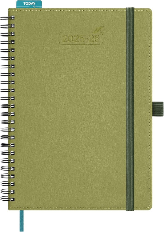 BEZEND Planner 2025-2026 Weekly and Monthly, 5.8" x 8.5" Academic Calendar (Jul 25-Dec 26) Vertical Daily Appointment with Hourly Timeslot & Monthly Tab, Spiral, PU Leather Softcover - Kiwi