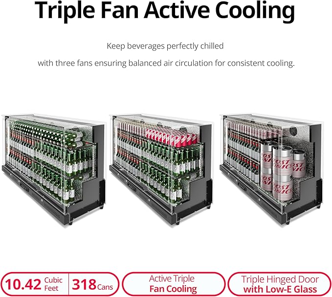 54 inch 318-can Triple Hinged Door Back Bar Cooler, 10.42 cu. ft. Under Counter Glass Door Bar Fridge with hinged doors, lockable, 32-50°F Beverage Refrigerator, ETL Certified, Black