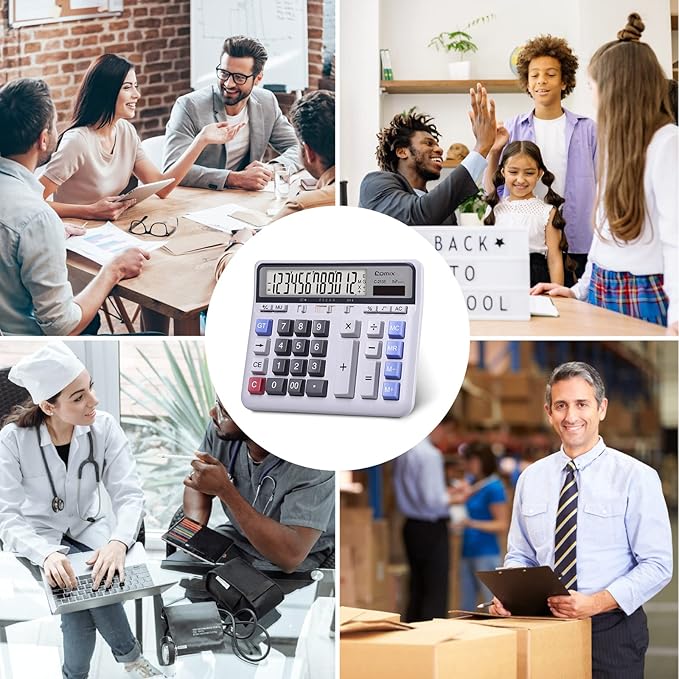 Comix Desktop Calculator Solar Battery Dual Power with 12-Digit Large LCD Display and Large Computer Keys Standard Function Calculator for Home Office School, White(2 Pack)