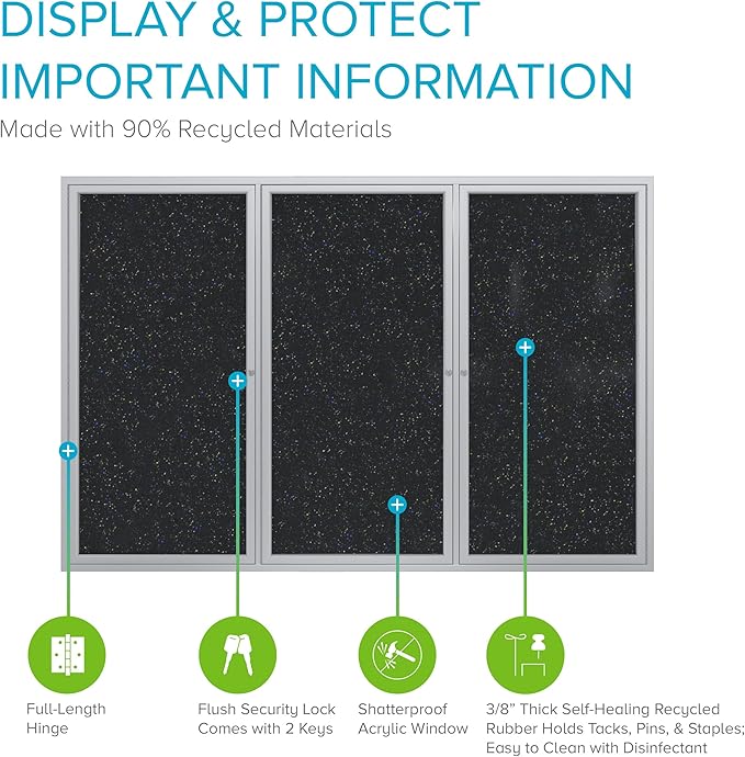 Ghent 48" x 96" 3-Door indoor Enclosed Recycled Rubber Bulletin Board, Shatter Resistant, with Lock, Satin Aluminum Frame,Confetti (PA34896TR-CF)-Made in USA