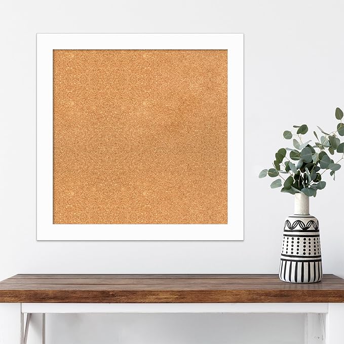 Amanti Art Natural Cork Board for Wall, 25x25 Vision Board with White Frame, Medium Corkboard Office Decor for Home Organization, Casual Corkboard Pinboard to Display Items for Home Organization in