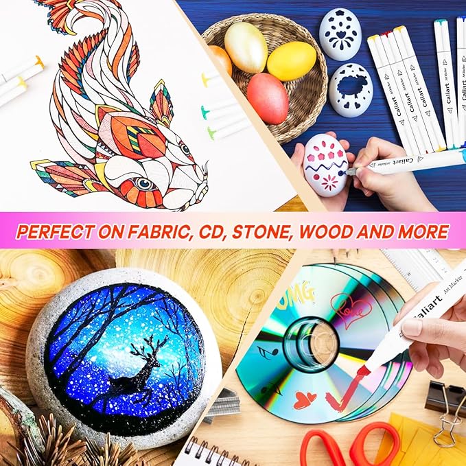 Caliart 61 Colors Pastel Alcohol Markers, Brush & Chisel Dual Tip Pens for Adult Coloring Book, Sketch Permanent Art Set for Easter Eggs Decorations Stuffers Drawing Supplies Gift