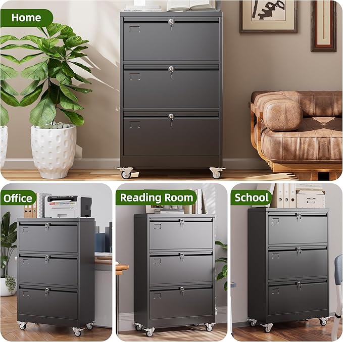 Aobabo 3 Drawer Wide File Cabinet with Wheels, Lockable Metal Filing Cabinet for Home Office, Legal/Letter Size,Black,Required Assembled,15.87" D x 28.94" W x40.48 H