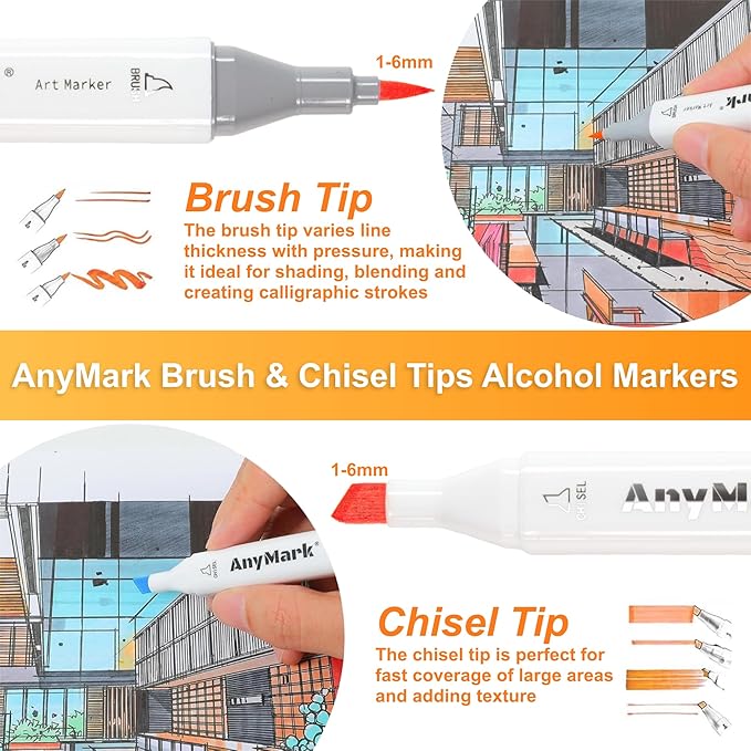 AnyMark Alcohol Markers Brush Tip, 60+1 Colors Dual Tip Brush & Chisel Alcohol-Based Art Markers Set with Case for Adult Artists Drawing Coloring