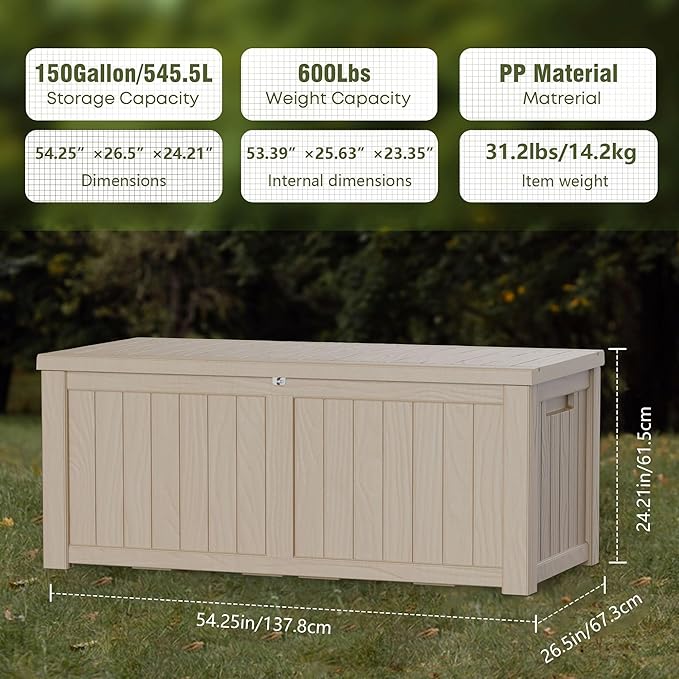 150 Gallon Lockable Resin Deck Box, Waterproof & UV-Resistant Outdoor Storage Box for Outdoor Cushion Storage, Garden Tools & Pool Accessories Storage, Gray