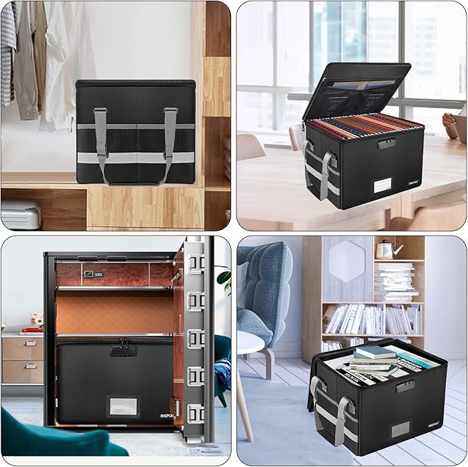 ENGPOW File Box with Lock, Fireproof Document Box with Pockets, Collapsible File Organizer Filing Storage Cabinet with Handle, Portable Home Office Safe for Hanging Letter/Legal Folders,Black,2 Pack