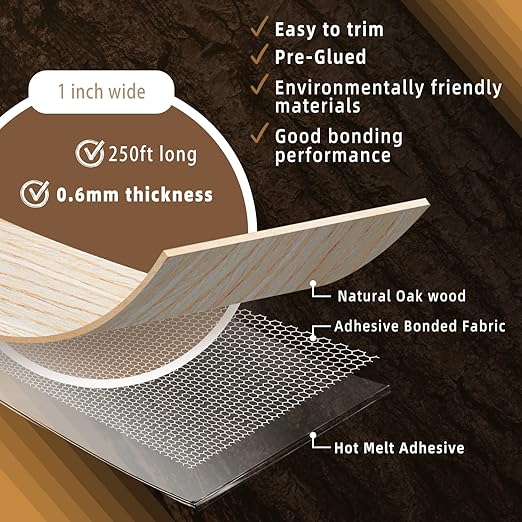 GSCIT Club Oak Edge Banding, 1 inch x 250ft roll of Veneer Plywood Edge Banding Preglued Flexible, Wood Tape Banding for Cabinet Repair