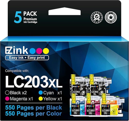 E-Z Ink LC203XL Compatible Ink Cartridges Replacement for Brother LC203 XL LC201 to use with MFC-J480DW MFC-J880DW MFC-J4420DW MFC-J680DW MFC-J885DW (Black, Cyan, Magenta, Yellow, 5 Pack)