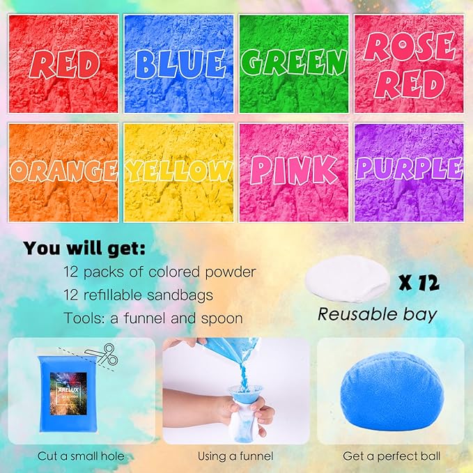 ARELUX Holi Powder Color Run Powder Balls 12 Pack 80g Each Natural, Throwing Balls of Washable Chalk Powder Paint for Color War, Rangoli, Fun Run, Party & Festival