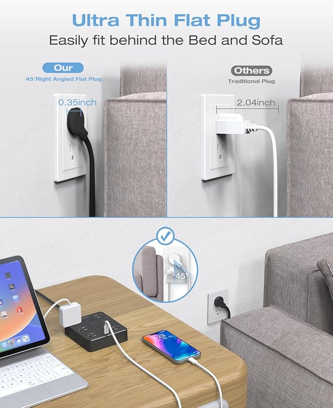 10FT Surge Protector Power Strip,12 AC Outlets with 6 USB Ports (2 USB-C), Flat Plug Extension Cord with Multiple Outlets, Wall Mount for Home Office,Dorm,Black