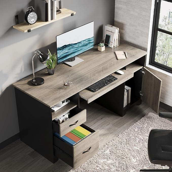 Bestier 59” Executive Desk with 2 Drawers, Computer Desk with Storage Cabinet, Industrial Wood Desk with File Drawer, Keyboard Tray & 2 Pedestals for Home Office & Studio, Gray