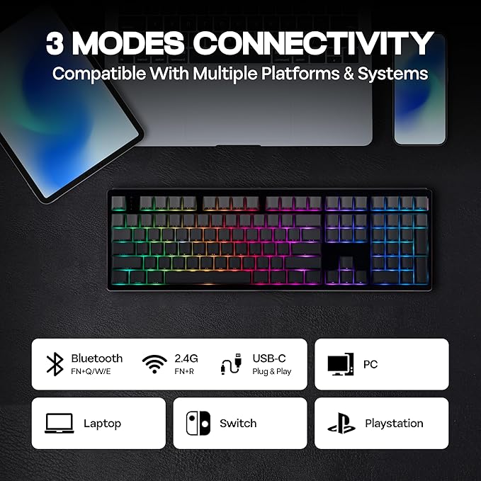 EPOMAKER TH108 Full Size Mechanical Keyboard, Wireless Gaming Keyboard, 8000mAh Battery, Creamy Gasket, 108 Keys, Hot Swap, Custom Driver, RGB Backlights (Black, Creamy Jade Switch)
