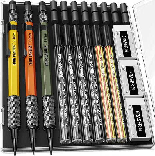 Four Candies 1.3mm Mechanical Pencil Set with 72 Lead Refills, 3PCS Metal Weatherproof Body Heavy Duty Carpenter Pencil, 3 Eraser, 16 Eraser Refills, for Outdoor Woodworking Drafting Marking with Case