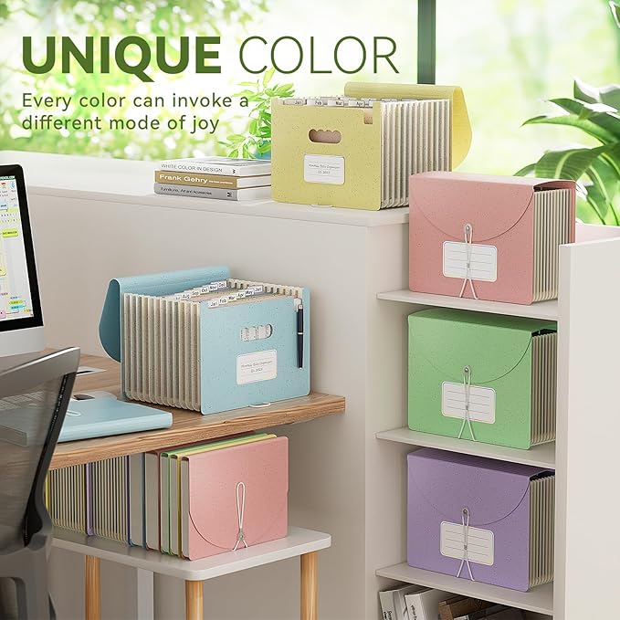 Accordion File Organizer, 13 Pockets Wheat Straw Expanding File Folder, Portable Monthly Paper Bill Tax Receipt Organizer, Letter A4 Size Document Holder with Colorful Tab - Strawberry Pink