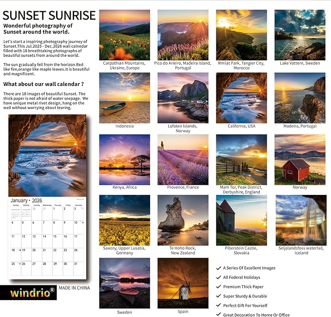 2026 Wall Calendar,Calendar 2026, July 2025 - December 2026, Wall Calendar Sunset, 12" x 24" Opened,Full Page Months Thick & Sturdy Paper for Calendar Organizing & Planning