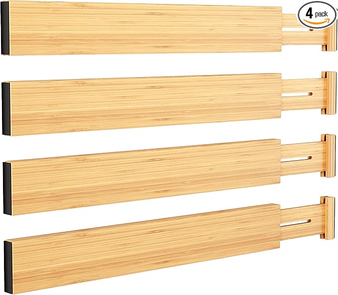 BAMEOS Drawer Divider,Expandable Bamboo Separators Adjustable Utensil Knife Fork Tool Kitchen Organizer, Clothes Fabric Drawer Organizer In Bathroom Bedroom Office, Cabinet Dresser Organizer 4-pack