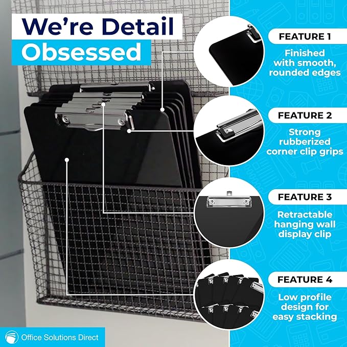 Black Plastic Clipboards (Set of 6) Multipack - 12.5x9 Inch Clipboard Holds 100 Sheets, Low Profile | Colored Acrylic Clip Boards in Bulk for Kids & Professionals