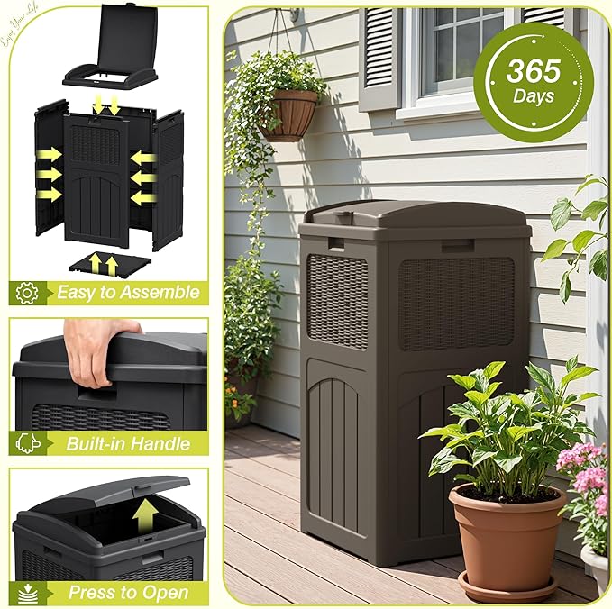 Greesum 33 Gallon Outdoor Trash Can with Lid, Waterproof Resin Garbage Bin for Hideaway, Deck, Patio, 3 Pack, Dark Brown