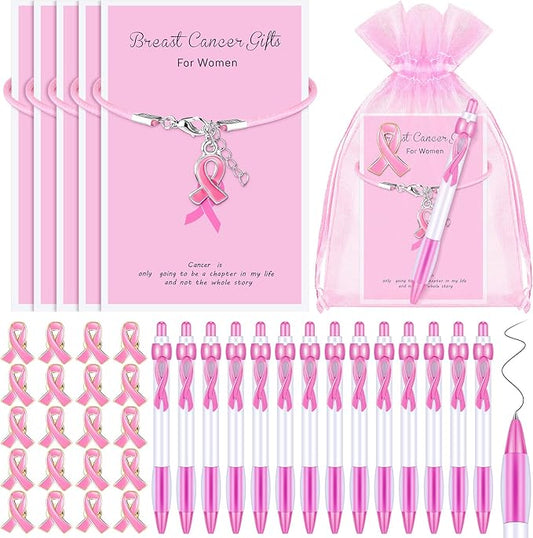 192 pcs Breast Cancer Awareness Items Bulk Pink Cancer Patients Survivor Gifts Include Pink Ribbon Pens Pins Bracelets Organza Bags Cancer Survivor Campaign Supplies for Theme Charity Event