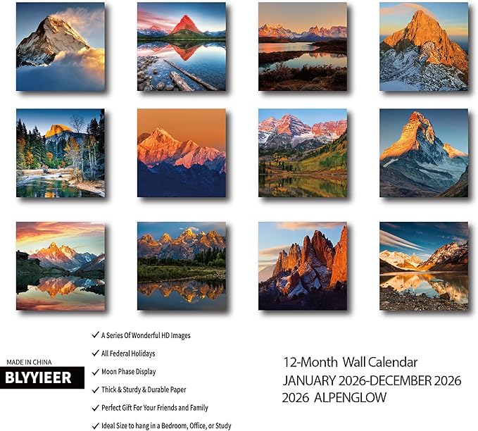 2026 Wall Calendar, Alpenglow Monthly Wall Calendar, 12" x 24" Open,Family Planner Calendar Organizer with Mountain of Sunrise Images