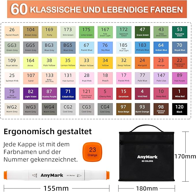 AnyMark Alcohol Markers, 60 Colors Dual Tip Art Coloring Markers Set for Kids Adult Book Drawing Sketching Painting, Chisel & Fine, White Penholder