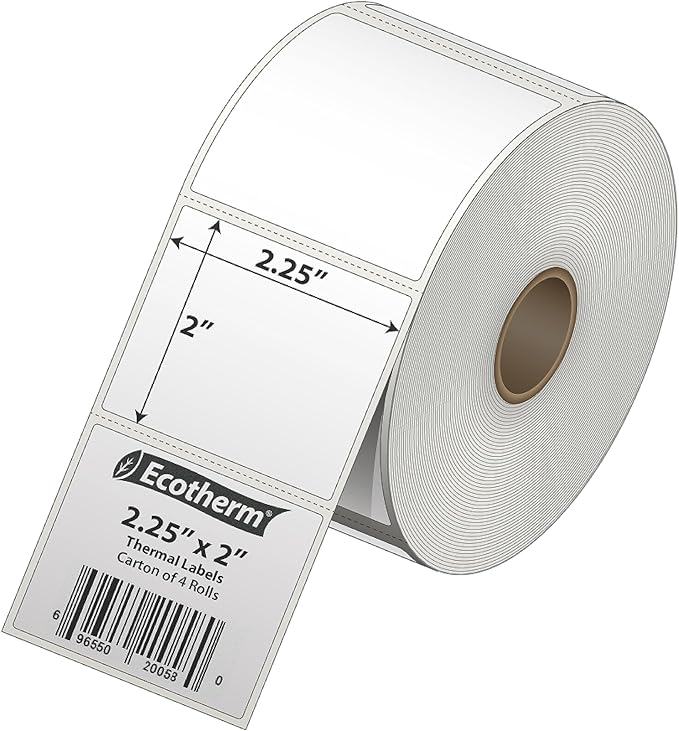2.25" x 2" Thermal Labels | 4 Rolls | 2940 Labels | fits Zebra, Munbyn, Rollo, Godex, Arkscan, iDPRT, Offnova Thermal Label Printers and More | Blank White Adhesive Stickers by Ecotherm