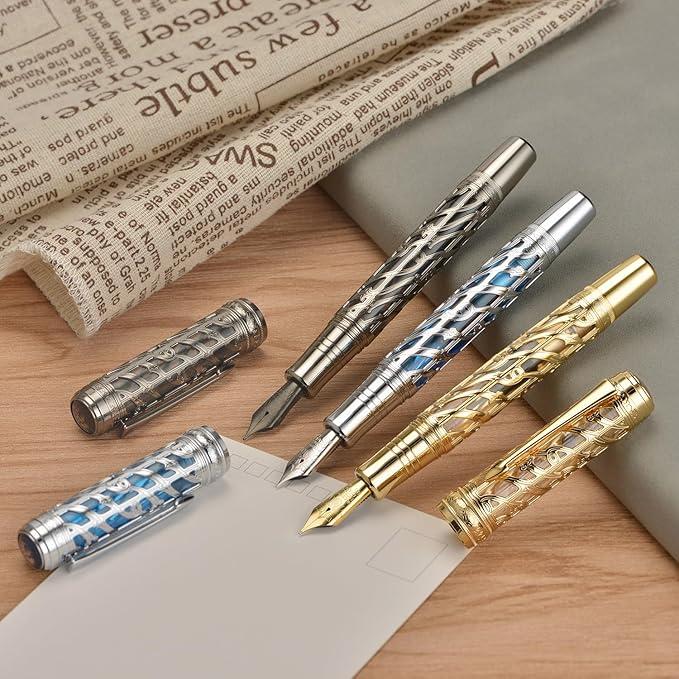 Hongdian A6 Piston Fountain Pen Fine Soft Nib, Golden Hollow Skeleton & Transparent Resin Pen with Metal Case Set